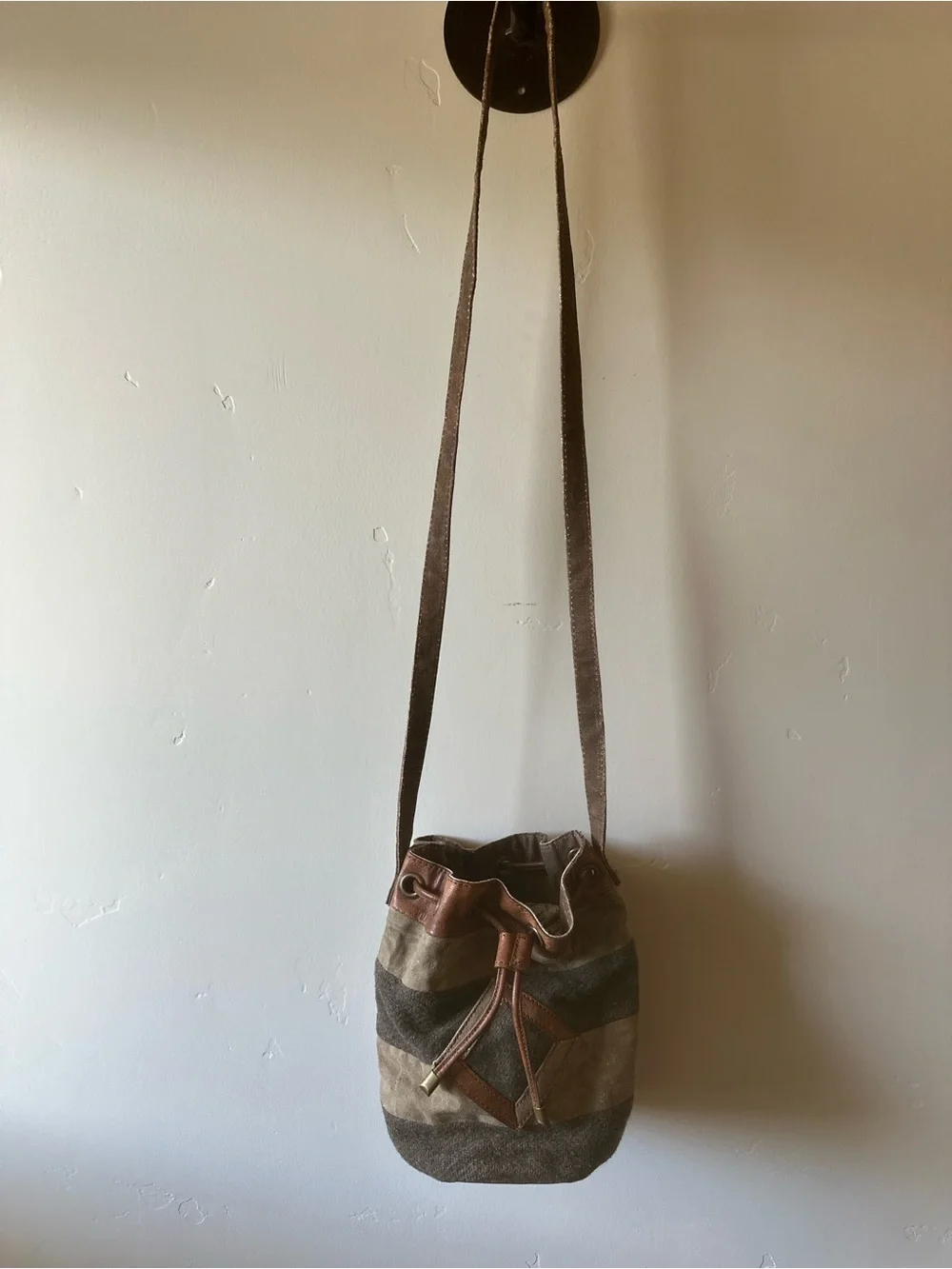 Mona B Striped Canvas Bucket Messenger Bag in Brown and Tan
